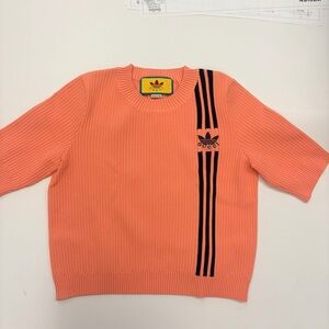 Gucci x Adidas 2022 Cable Knit Short Sleeve Sweater Pink Salmon Trefoil Small